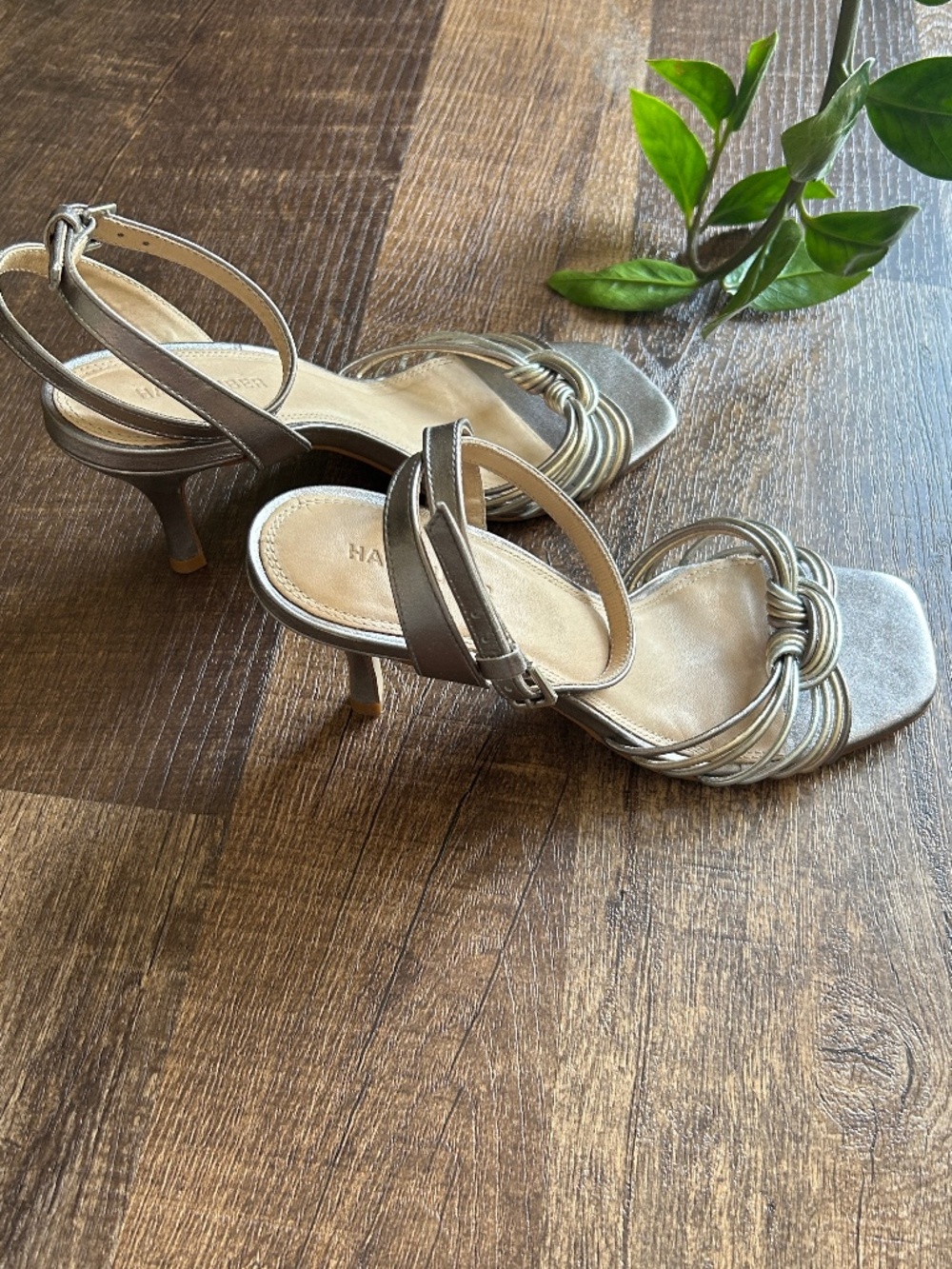 Hallhuber Silver Gold Two-tone Knotted Square Toe Metallic Strappy Heeled Sandal